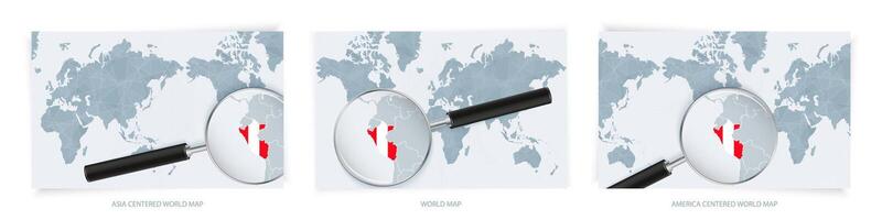 Blue Abstract World Maps with magnifying glass on map of Peru with the national flag of Peru. Three version of World Map. vector