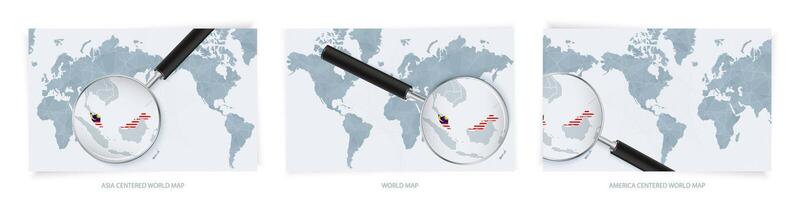 Blue Abstract World Maps with magnifying glass on map of Malaysia with the national flag of Malaysia. Three version of World Map. vector