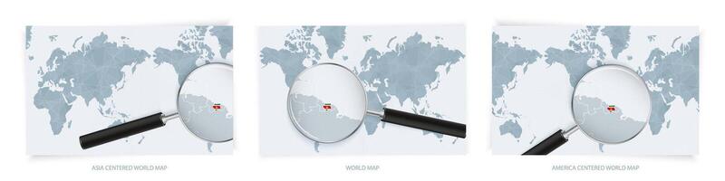 Blue Abstract World Maps with magnifying glass on map of Suriname with the national flag of Suriname. Three version of World Map. vector
