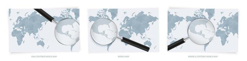 Blue Abstract World Maps with magnifying glass on map of Belize with the national flag of Belize. Three version of World Map. vector