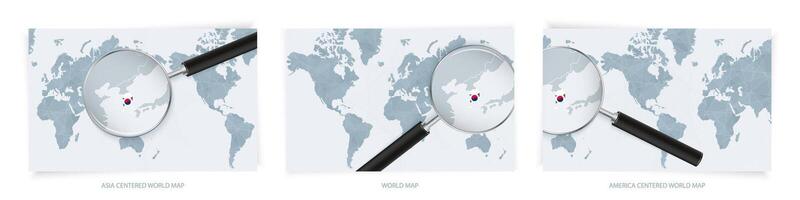 Blue Abstract World Maps with magnifying glass on map of South Korea with the national flag of South Korea. Three version of World Map. vector
