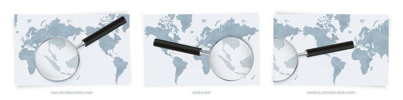 Blue Abstract World Maps with magnifying glass on map of Singapore with the national flag of Singapore. Three version of World Map. vector