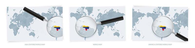 Blue Abstract World Maps with magnifying glass on map of Venezuela with the national flag of Venezuela. Three version of World Map. vector