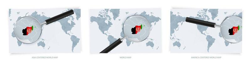 Blue Abstract World Maps with magnifying glass on map of Afghanistan with the national flag of Afghanistan. Three version of World Map. vector