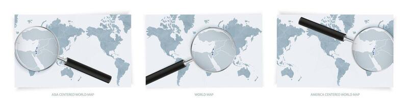 Blue Abstract World Maps with magnifying glass on map of Israel with the national flag of Israel. Three version of World Map. vector
