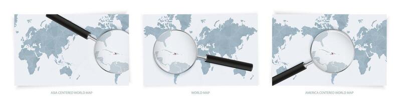 Blue Abstract World Maps with magnifying glass on map of Haiti with the national flag of Haiti. Three version of World Map. vector