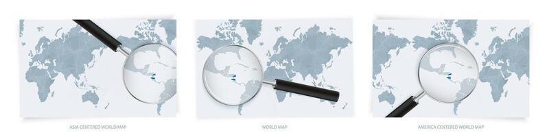 Blue Abstract World Maps with magnifying glass on map of Nicaragua with the national flag of Nicaragua. Three version of World Map. vector
