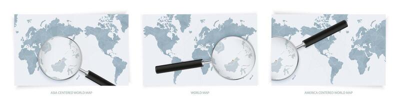 Blue Abstract World Maps with magnifying glass on map of Brunei with the national flag of Brunei. Three version of World Map. vector