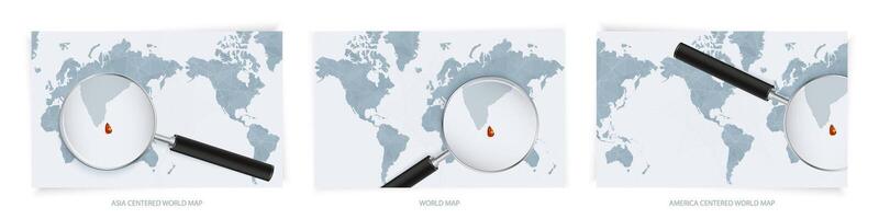 Blue Abstract World Maps with magnifying glass on map of Sri Lanka with the national flag of Sri Lanka. Three version of World Map. vector