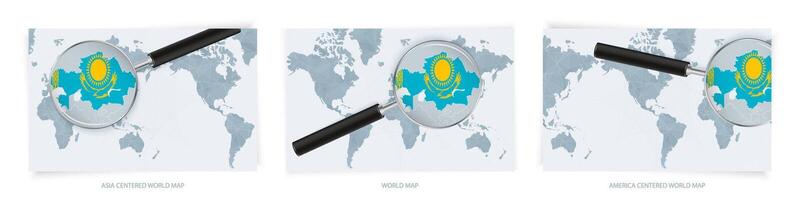 Blue Abstract World Maps with magnifying glass on map of Kazakhstan with the national flag of Kazakhstan. Three version of World Map. vector