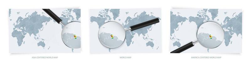 Blue Abstract World Maps with magnifying glass on map of Guyana with the national flag of Guyana. Three version of World Map. vector