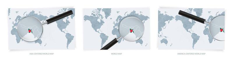 Blue Abstract World Maps with magnifying glass on map of Bangladesh with the national flag of Bangladesh. Three version of World Map. vector