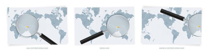 Blue Abstract World Maps with magnifying glass on map of Bhutan with the national flag of Bhutan. Three version of World Map. vector