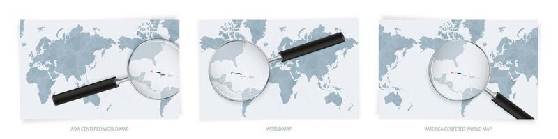 Blue Abstract World Maps with magnifying glass on map of Cuba with the national flag of Cuba. Three version of World Map. vector