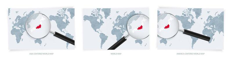 Blue Abstract World Maps with magnifying glass on map of Japan with the national flag of Japan. Three version of World Map. vector
