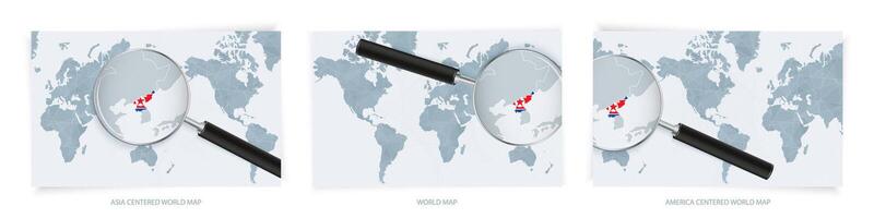 Blue Abstract World Maps with magnifying glass on map of North Korea with the national flag of North Korea. Three version of World Map. vector