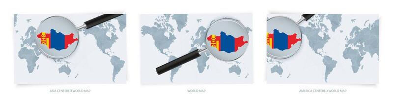 Blue Abstract World Maps with magnifying glass on map of Mongolia with the national flag of Mongolia. Three version of World Map. vector