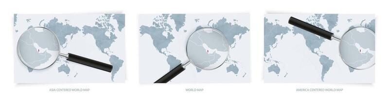 Blue Abstract World Maps with magnifying glass on map of Qatar with the national flag of Qatar. Three version of World Map. vector