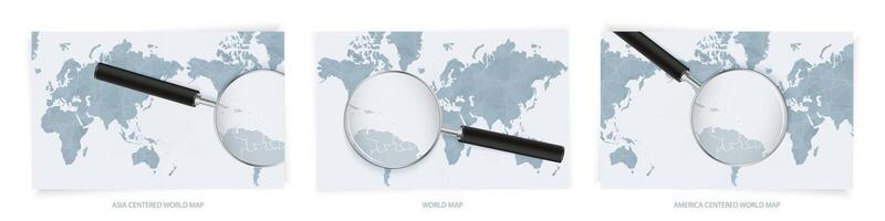 Blue Abstract World Maps with magnifying glass on map of Saint Lucia with the national flag of Saint Lucia. Three version of World Map. vector