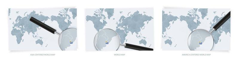 Blue Abstract World Maps with magnifying glass on map of Uruguay with the national flag of Uruguay. Three version of World Map. vector