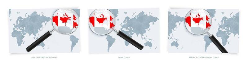 Blue Abstract World Maps with magnifying glass on map of Canada with the national flag of Canada. Three version of World Map. vector