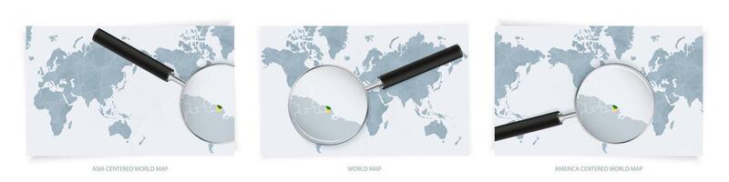 Blue Abstract World Maps with magnifying glass on map of French Guiana with the national flag of French Guiana. Three version of World Map. vector