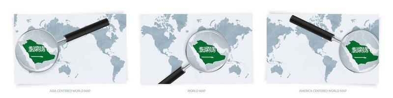 Blue Abstract World Maps with magnifying glass on map of Saudi Arabia with the national flag of Saudi Arabia. Three version of World Map. vector