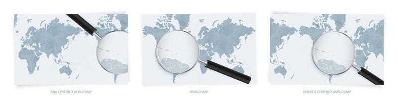 Blue Abstract World Maps with magnifying glass on map of Dominica with the national flag of Dominica. Three version of World Map. vector