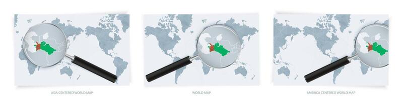 Blue Abstract World Maps with magnifying glass on map of Turkmenistan with the national flag of Turkmenistan. Three version of World Map. vector