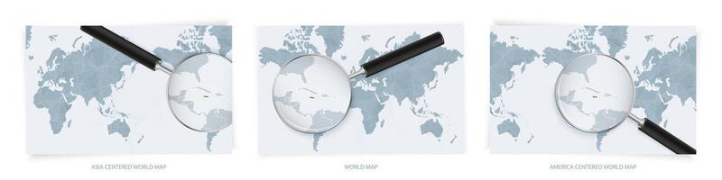 Blue Abstract World Maps with magnifying glass on map of Jamaica with the national flag of Jamaica. Three version of World Map. vector