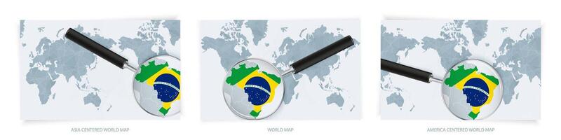 Blue Abstract World Maps with magnifying glass on map of Brazil with the national flag of Brazil. Three version of World Map. vector