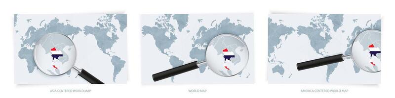 Blue Abstract World Maps with magnifying glass on map of Thailand with the national flag of Thailand. Three version of World Map. vector