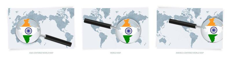 Blue Abstract World Maps with magnifying glass on map of India with the national flag of India. Three version of World Map. vector
