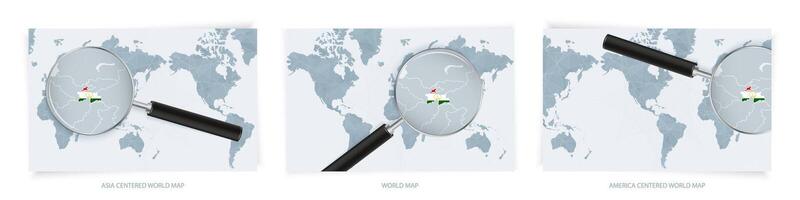Blue Abstract World Maps with magnifying glass on map of Tajikistan with the national flag of Tajikistan. Three version of World Map. vector