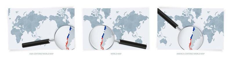 Blue Abstract World Maps with magnifying glass on map of Chile with the national flag of Chile. Three version of World Map. vector