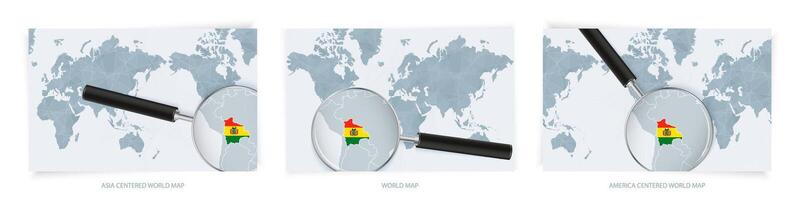 Blue Abstract World Maps with magnifying glass on map of Bolivia with the national flag of Bolivia. Three version of World Map. vector