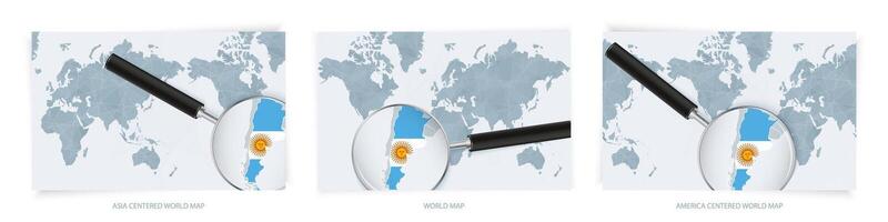 Blue Abstract World Maps with magnifying glass on map of Argentina with the national flag of Argentina. Three version of World Map. vector