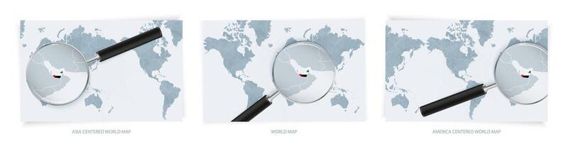 Blue Abstract World Maps with magnifying glass on map of United Arab Emirates with the national flag of United Arab Emirates. Three version of World Map. vector