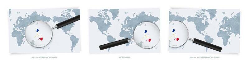 Blue Abstract World Maps with magnifying glass on map of Philippines with the national flag of Philippines. Three version of World Map. vector