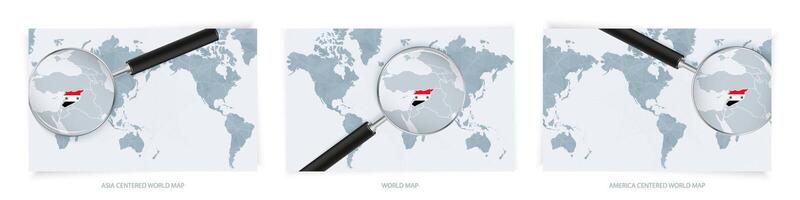Blue Abstract World Maps with magnifying glass on map of Syria with the national flag of Syria. Three version of World Map. vector