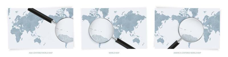 Blue Abstract World Maps with magnifying glass on map of Antigua and Barbuda with the national flag of Antigua and Barbuda. Three version of World Map. vector