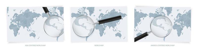 Blue Abstract World Maps with magnifying glass on map of El Salvador with the national flag of El Salvador. Three version of World Map. vector