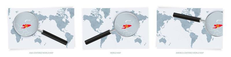 Blue Abstract World Maps with magnifying glass on map of Kyrgyzstan with the national flag of Kyrgyzstan. Three version of World Map. vector
