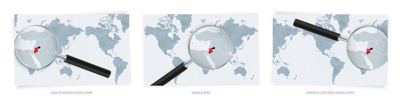 Blue Abstract World Maps with magnifying glass on map of Jordan with the national flag of Jordan. Three version of World Map. vector