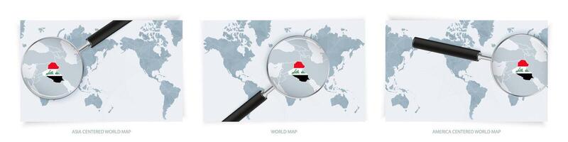 Blue Abstract World Maps with magnifying glass on map of Iraq with the national flag of Iraq. Three version of World Map. vector