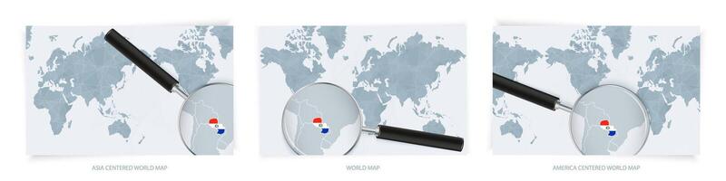 Blue Abstract World Maps with magnifying glass on map of Paraguay with the national flag of Paraguay. Three version of World Map. vector