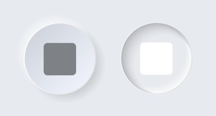 Neumorphic round on and off button for interface application or web design. Simple elegant luxury neumorphism trendy designs element UI components isolated on white background.
