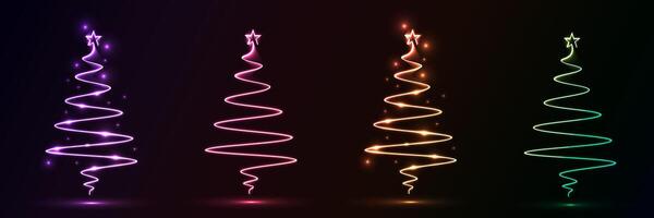 Set of glowing neon christmas tree shape with wavy dynamic lines on black background technology concept. vector