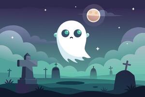 A cute cartoon ghost floating above a graveyard during a moonlit night with clouds and stars, creating a whimsical and spooky atmosphere vector