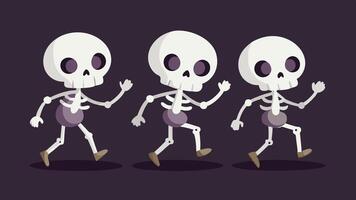 Three playful cartoon skeletons joyfully running together in a whimsical manner against a dark background during a festive occasion vector
